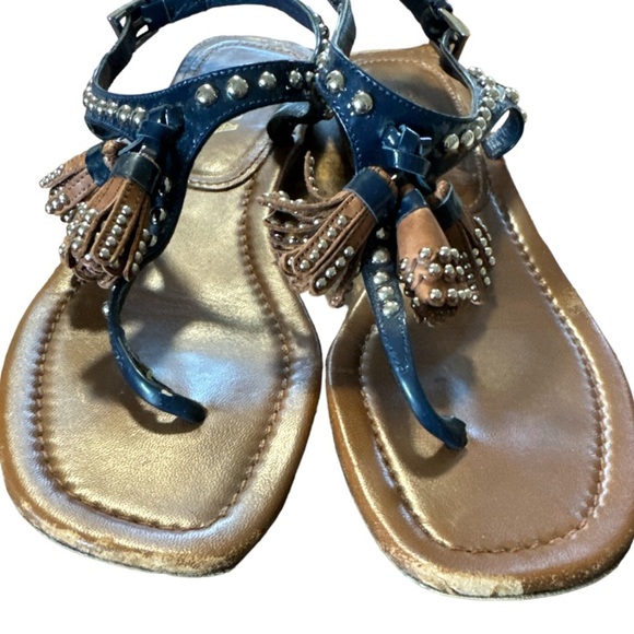 PRADA Blue Patent Leather & Brown Leather Tassel & Studded T-Strap Sandals 39 - Picture 2 of 9